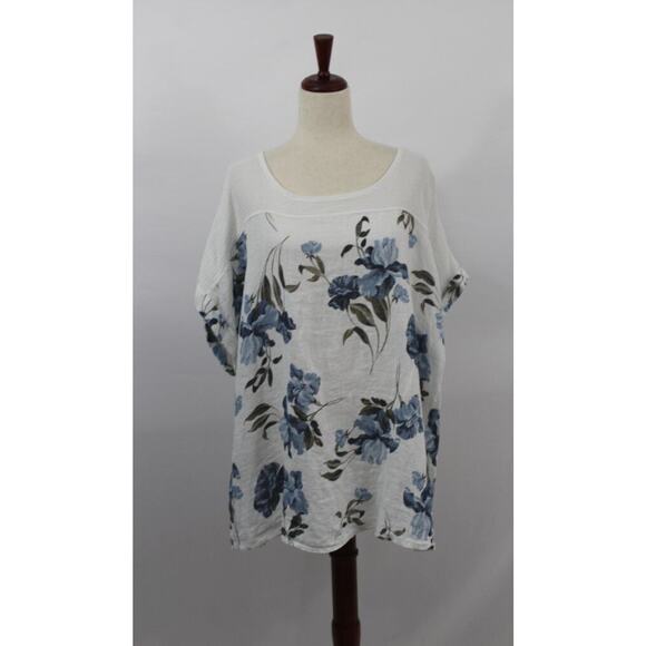 LUNGO L'ARNO Sz 3x Blue White Floral Linen Top Blouse NWT Made in Italy - Picture 8 of 9